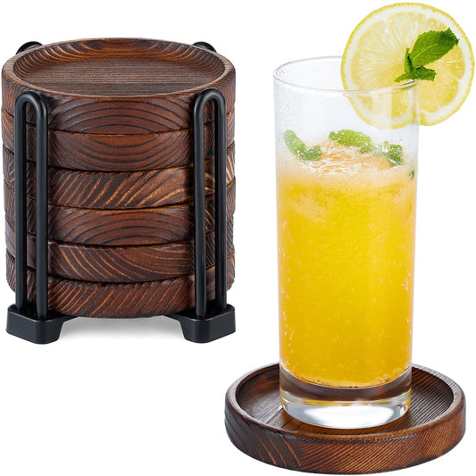 6Pcs Wooden Coasters for Drink-Acacia Wood Drink Coasters Set with Holder for Coffee Table Decor,Modern Cup Coaster for Kitchen Accessories Cute Beer Bar Decorative Rustic Outdoor Coasters