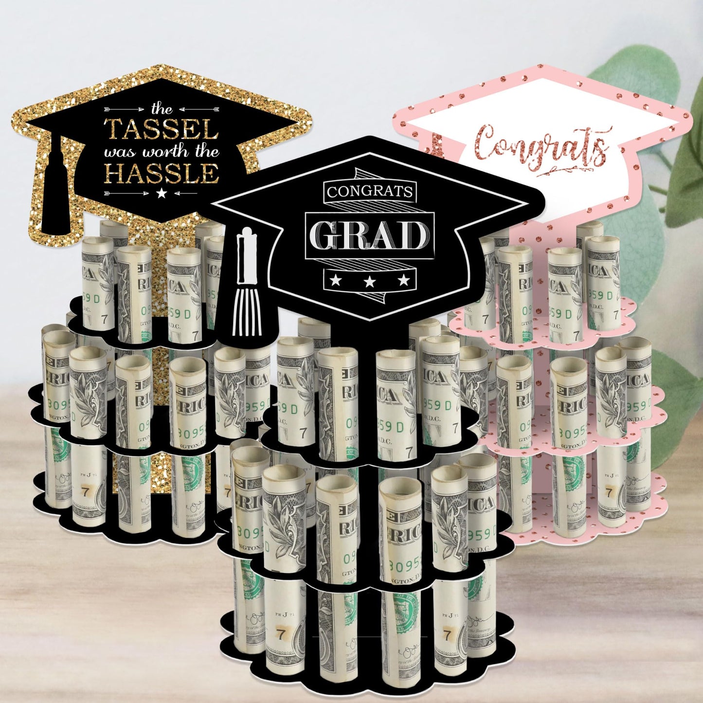 Big Dot of Happiness Graduation Money Gift Holder - DIY Celebration Cash Cake Stand with 20 Bill Slots, Black and White Decorative 2-Tier Cap Design, Party Display - Assorted Grad - Set of 3