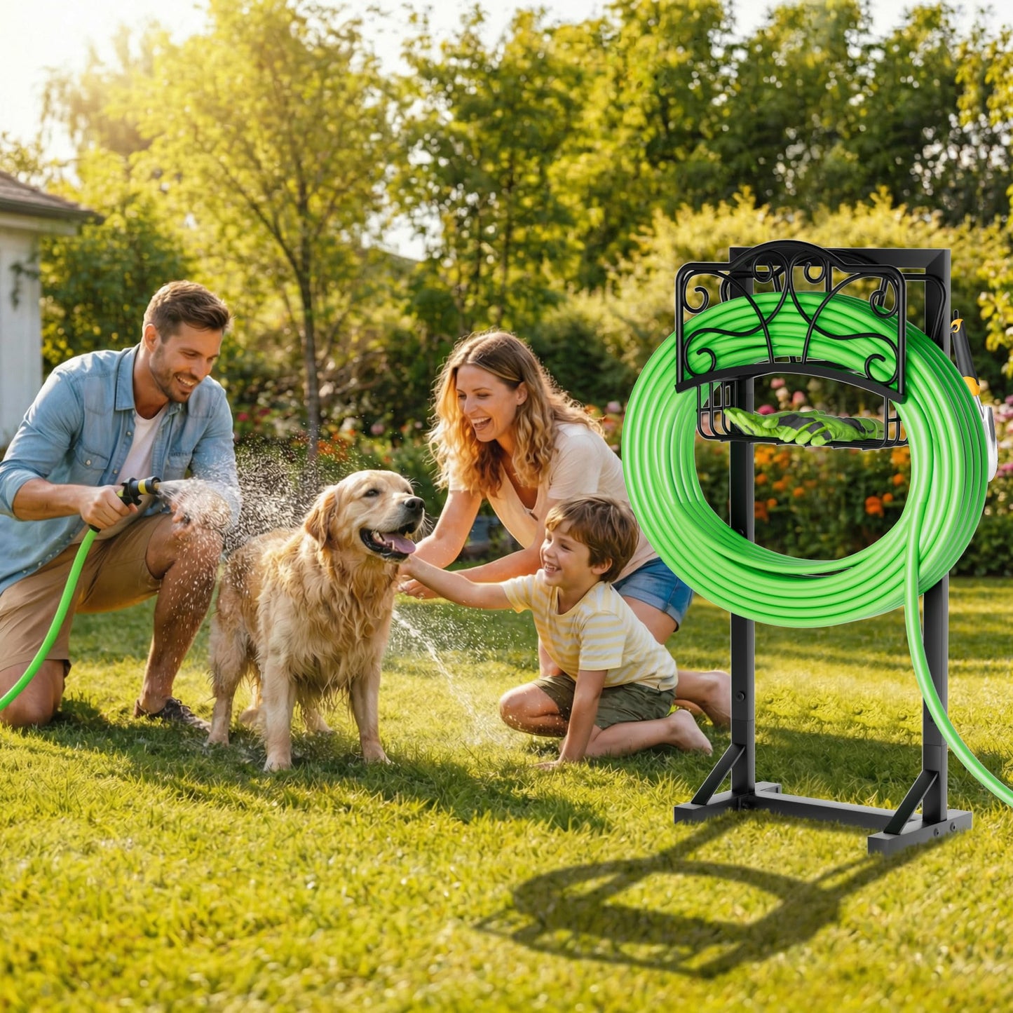 Xeapoms Heavy-Duty Garden Hose Holder with Storage Basket and Tool Hooks, Stable Hose Hanger Metal Garden Hose Storage Holds 160Ft, Rustproof Freestanding Water Hose Holder for Outside,Yard,Lawn,Farm