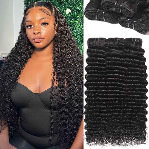 12A 3Bundles Human Hair 14 16 18 lnch Deep Wave Bundles Human Hair 100% Unprocessed Virgin Deep Curly Bundles Extensions Natural Black