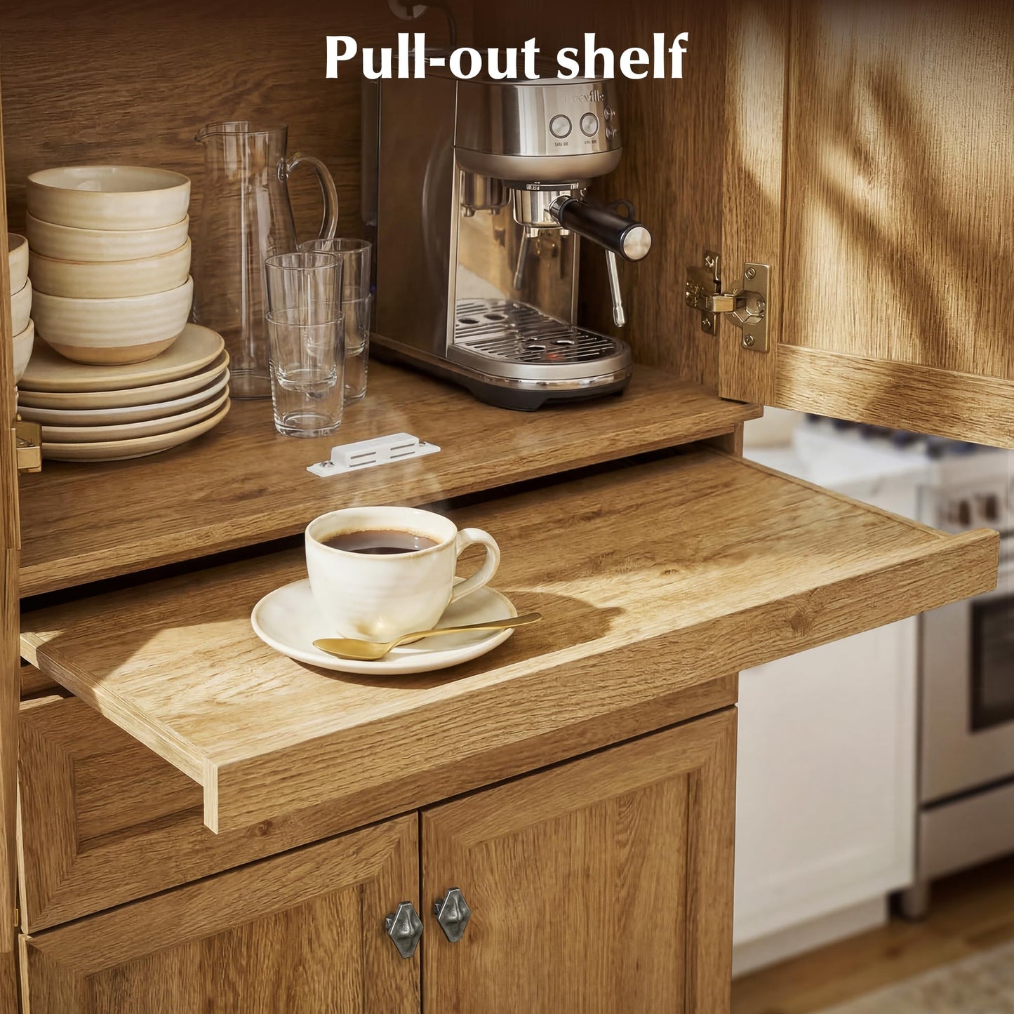 AMBERHAUS 72.2" Tall Kitchen Pantry Storage Cabinet with Doors, Farmhouse Storage Cabinet with Drawers, Adjustable Shelves and Pull-Out Shelves, Oak Wood Pantry Cupboard for Kitchen, Dining Room