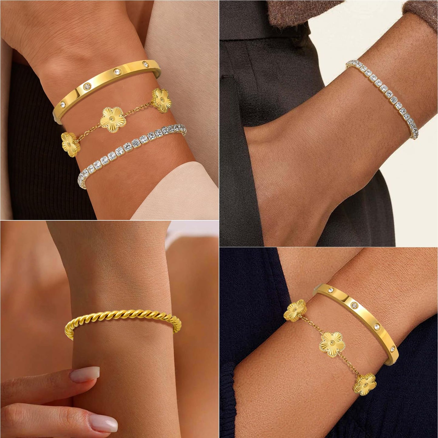 MOINSPIRE 18K Gold Plated Bracelets for Women, Stainless Steel Four Leaf Clover Tennis Nail Love Bangle Bracelets Set, Trendy Stackable Twist Cuff Bracelet Non Tarnish Jewelry Gifts for Christmas