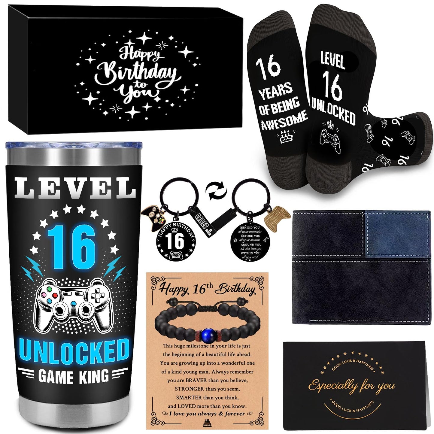 16 Year Old Boy Gifts, 16th Birthday Gifts for Boys, 16 Birthday Decorations Boy, Cool Sixteen Gamer Gifts with 20 Oz Tumbler Socks Wallet Bracelet Keychain for Son, Nephew, Grandson, Brother
