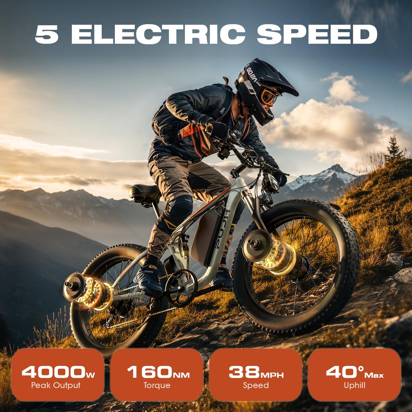 PUJH Electric Bike, 52V 25Ah 4000W Dual Motors, 24" Fat Tires Adult, 36mph Up to 110 Mile Range, Full Suspension, Hydraulic Brakes Class 3 Ebike, for Off-Road Mountain Riding Adventures (White)