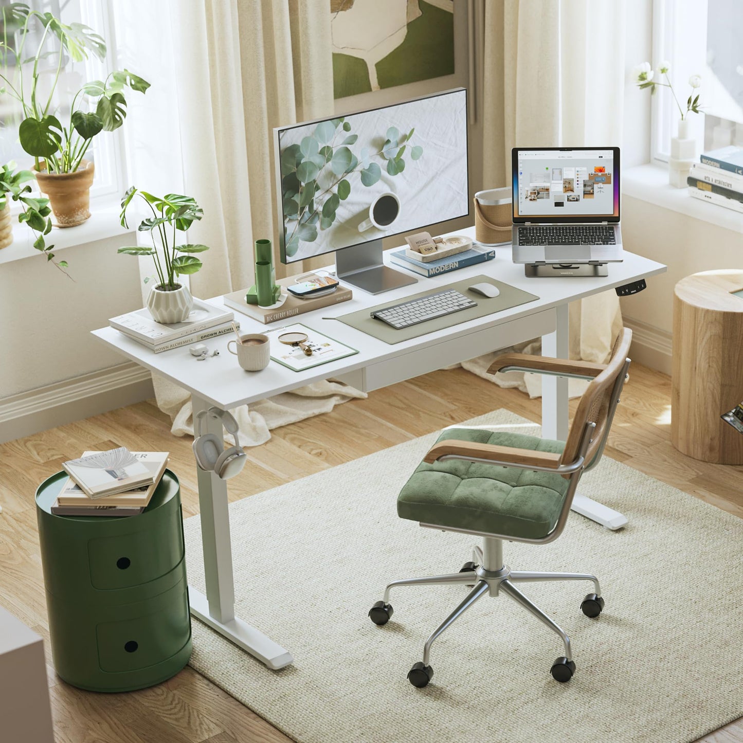 Agilestic Adjustable Height Electric Standing Desk with Storage Wooden Drawer, 63 x 24 Inches Stand Up Home Office Computer Gaming Table with Splice Board for Work Office Home, White