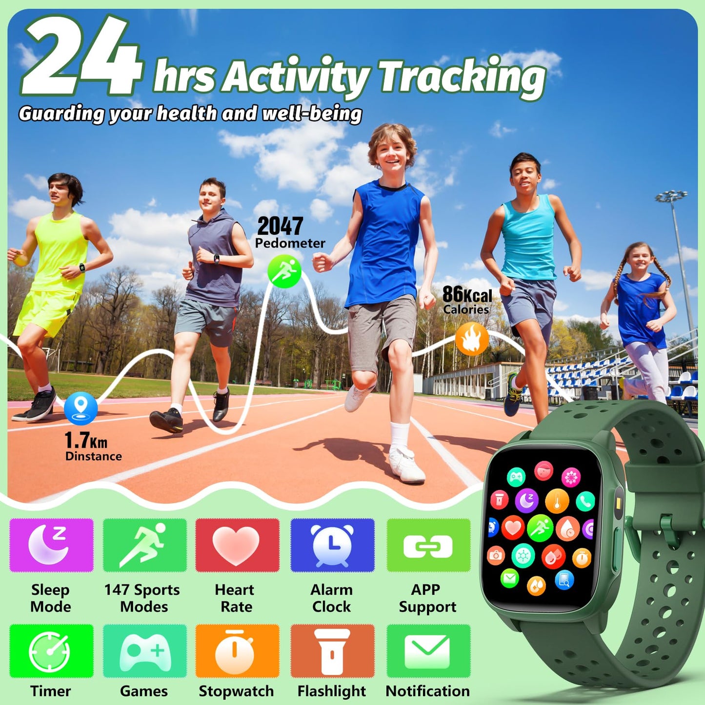 meoonley Kids Watch with 140 Sports Modes, 1.5" Kids Fitness Tracker, Smart Watch kids, No APP/Phone Required, Sleep Monitor, Heart Rate, Puzzle Games, IP68 Waterproof, Gifts for Girls Teens Aged 6-15