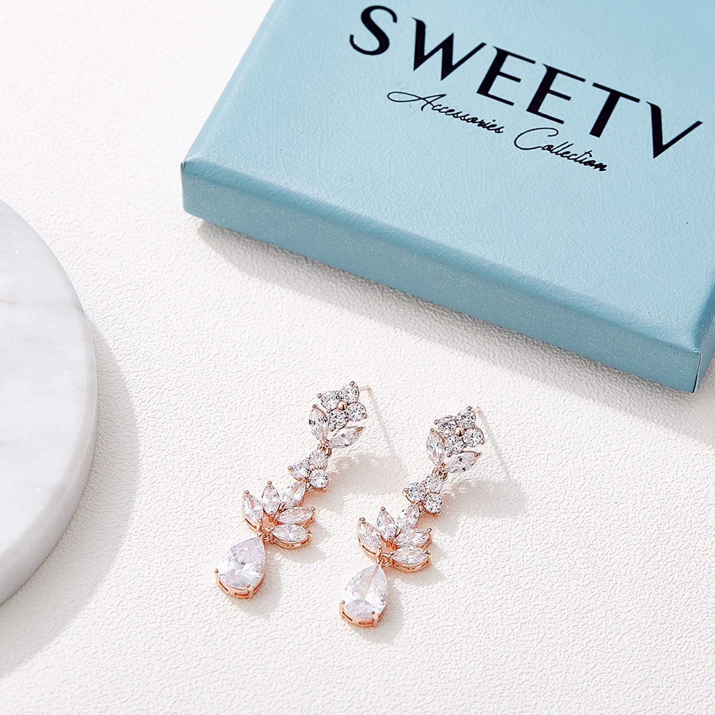 SWEETV Rose Gold Teardrop Wedding Earrings for Brides Birdesmaid, Crystal Cubic Zirconia Bridal Drop Earrings for Women Prom, Silver