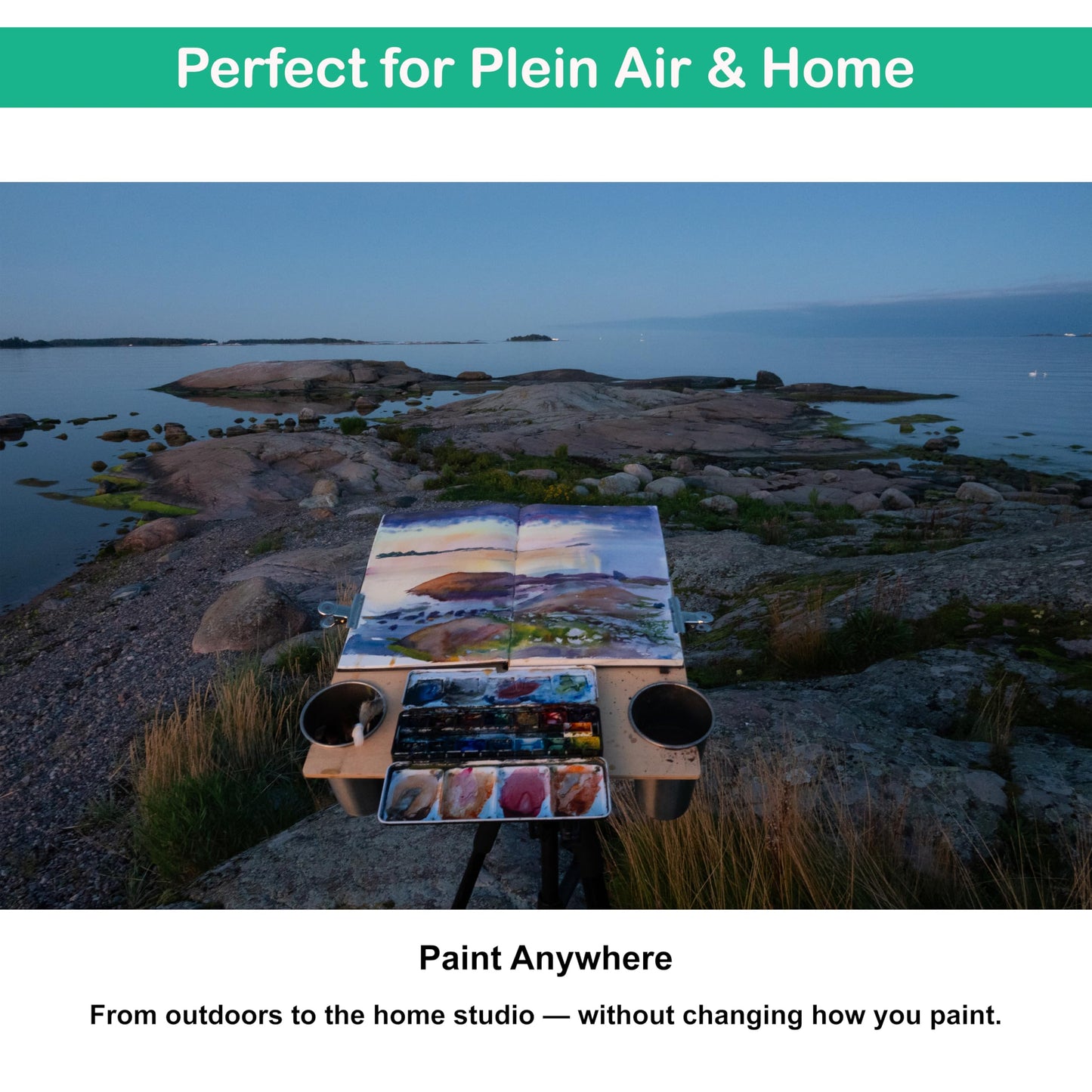 PLEINLY Outdoor Watercolor Easel Set | Portable Plein Air Watercolor Easel System with Studio-Like Ergonomics | Tripod, Wet Panel Carrier & Stool | Sketchbook, Palettes, Cups & Clips