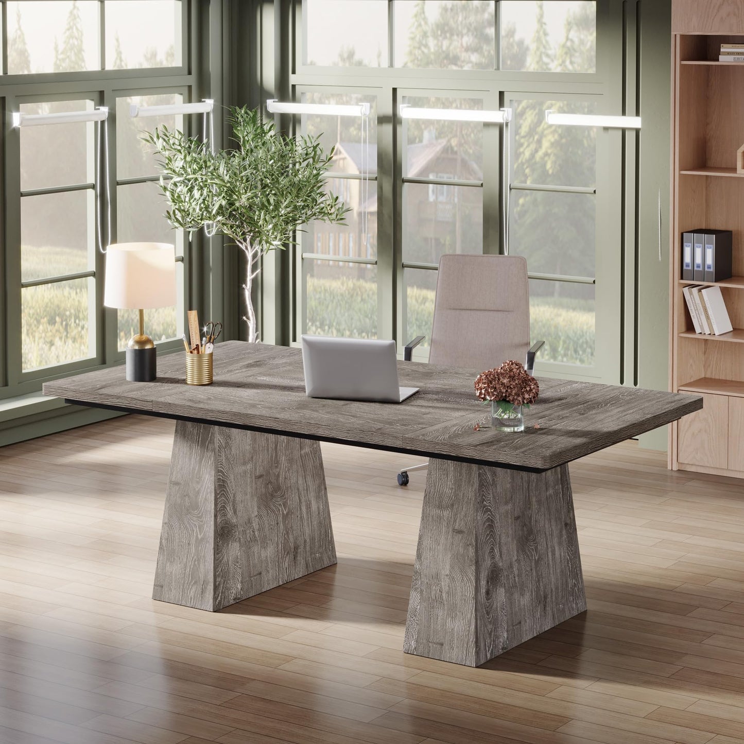 Tribesigns 63-Inch Executive Desk, Large Office Computer Desk with Double Pedestal, Modern Simple Workstations Writing Table Conference Table Business Furniture for Home Office, Grey