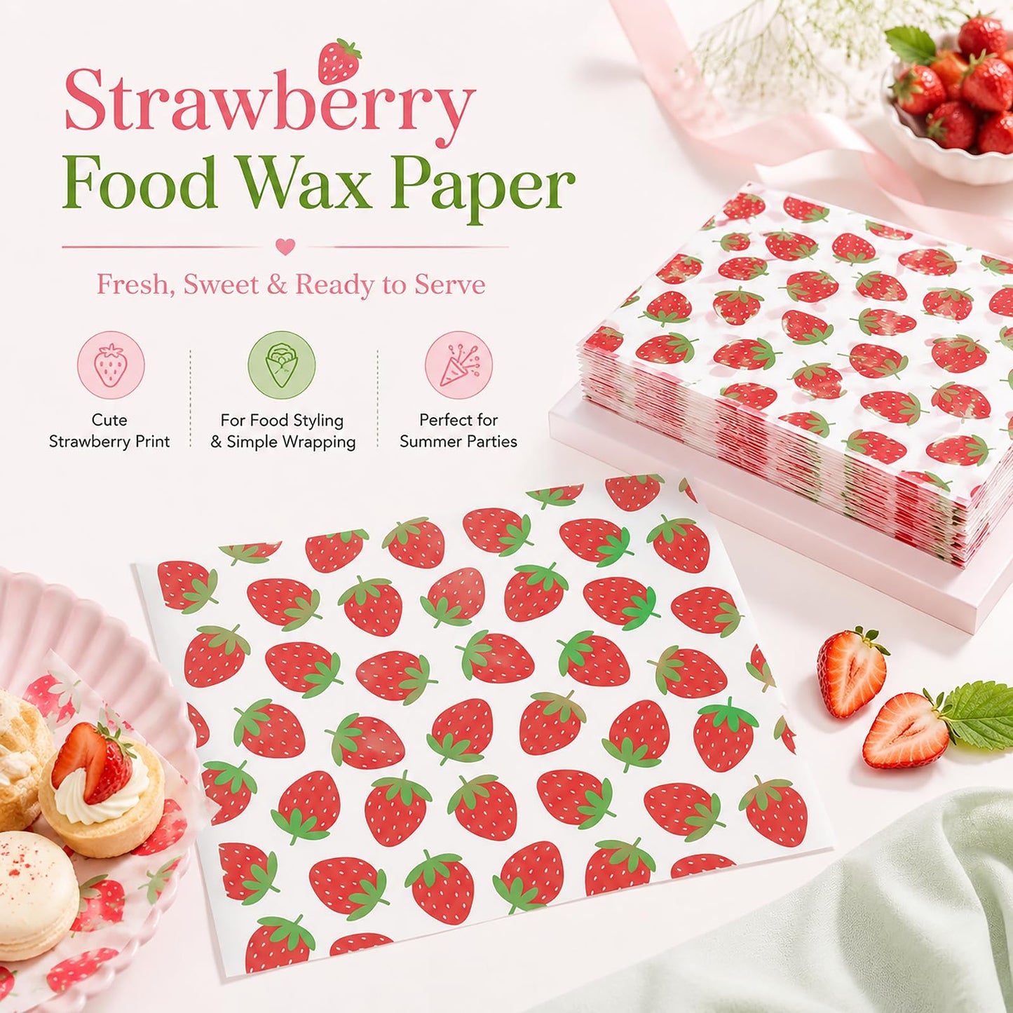 150 Sheets Strawberry Wax Paper for Food Deli, 9.8 x 8.3'' Preppy Strawberry Patterns Greaseproof Sandwich Wrapping Paper for Picnic Basket Liner Summer Birthday Party Supplies