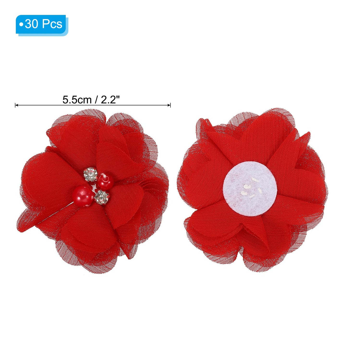 PATIKIL 2" Chiffon Flowers, 30Pcs Fabric Flowers Sewing Appliques Embellishments with Rhinestone Pearl for DIY Crafts Wedding Headbands Party Decoration, Dark Red