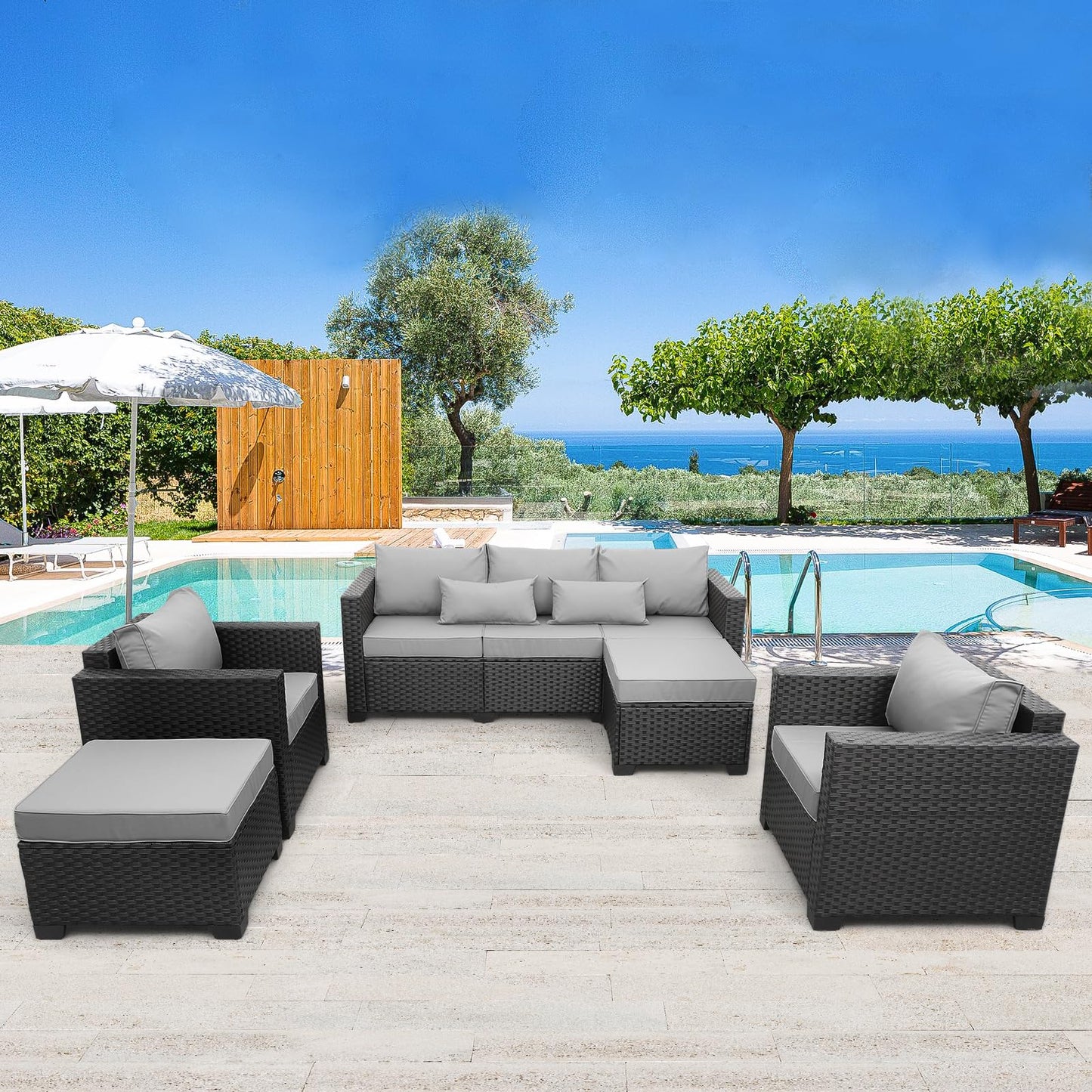 Rattaner Outdoor Wicker Furniture Couch Set 5 Pieces Patio Furniture Sectional Sofa with Grey No-Slip Cushions and Waterproof Covers