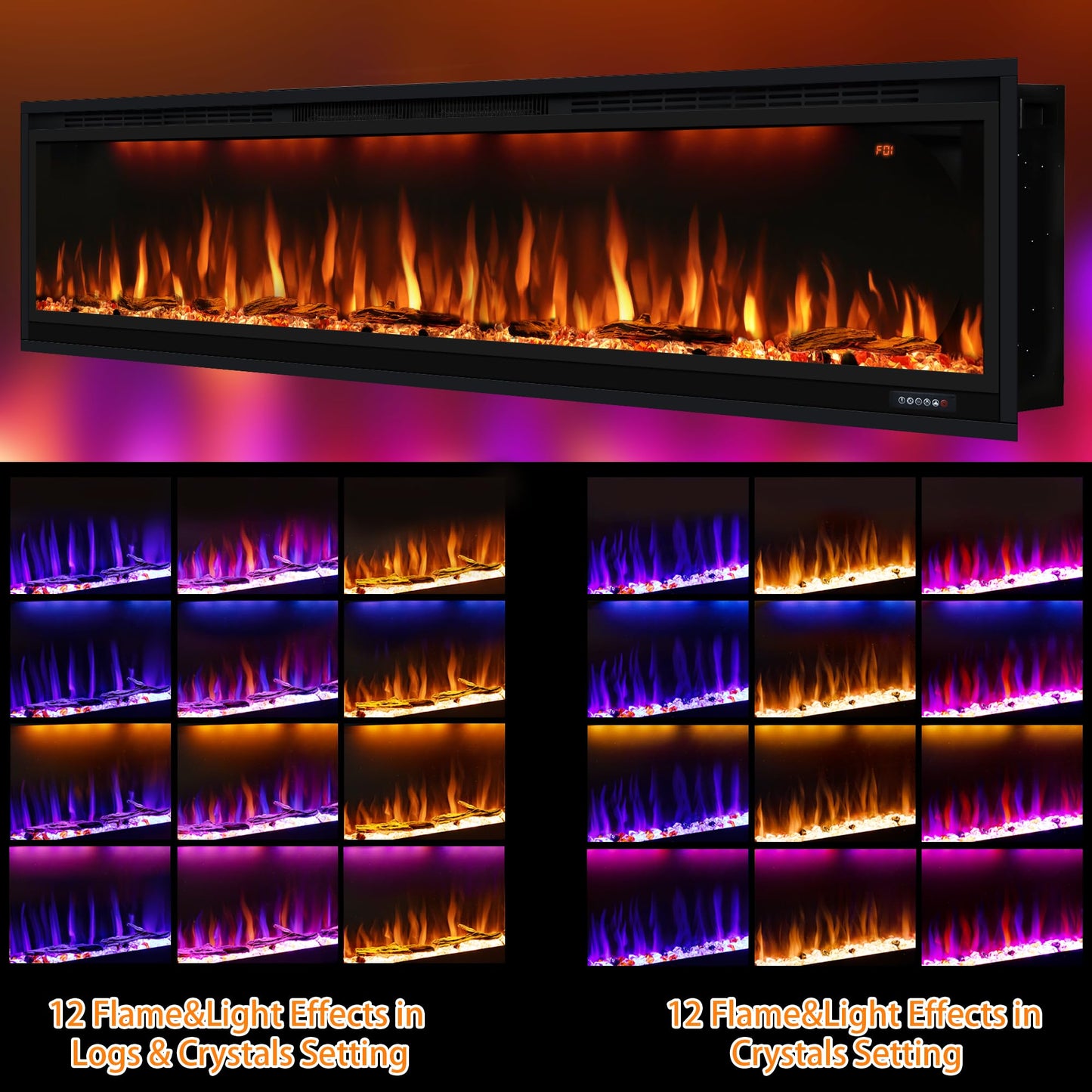 Dreamflame 74 inch Electric Fireplace, Smart Fireplace Insert recessed in Wall and Wall Mounted fire Place Heater with Metal Frame, Multicolor Flame & Realistic logs，Thermostat& Timer, 1500W, Black