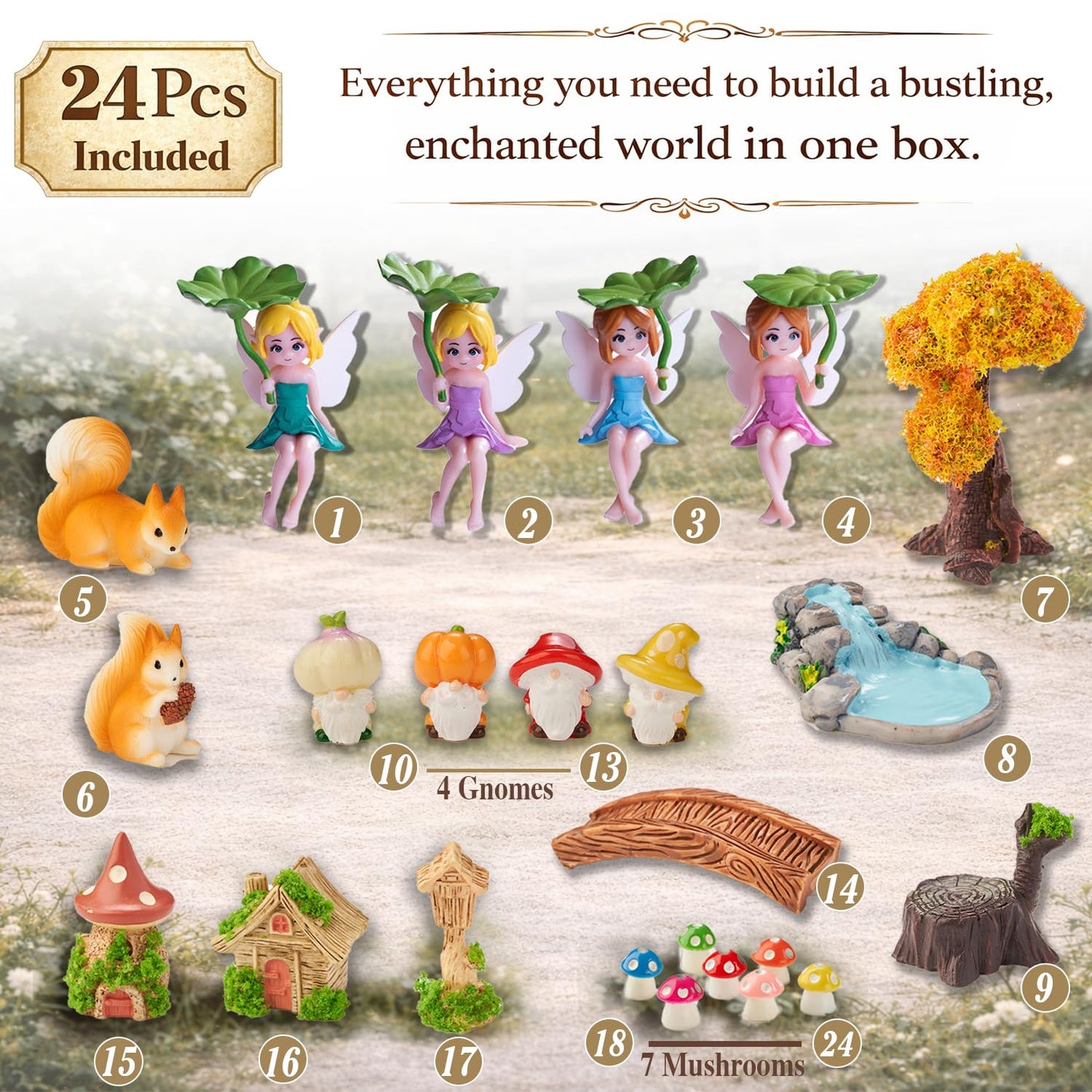 Nashibowu 24Pcs Mini Fairy Garden Accessories DIY Kit - Miniature Gnomes & Tiny Fairies House Set, Resin Animals, Bridge, Mini Pond & Mushrooms Figurines for Terrarium Micro-Landscaping