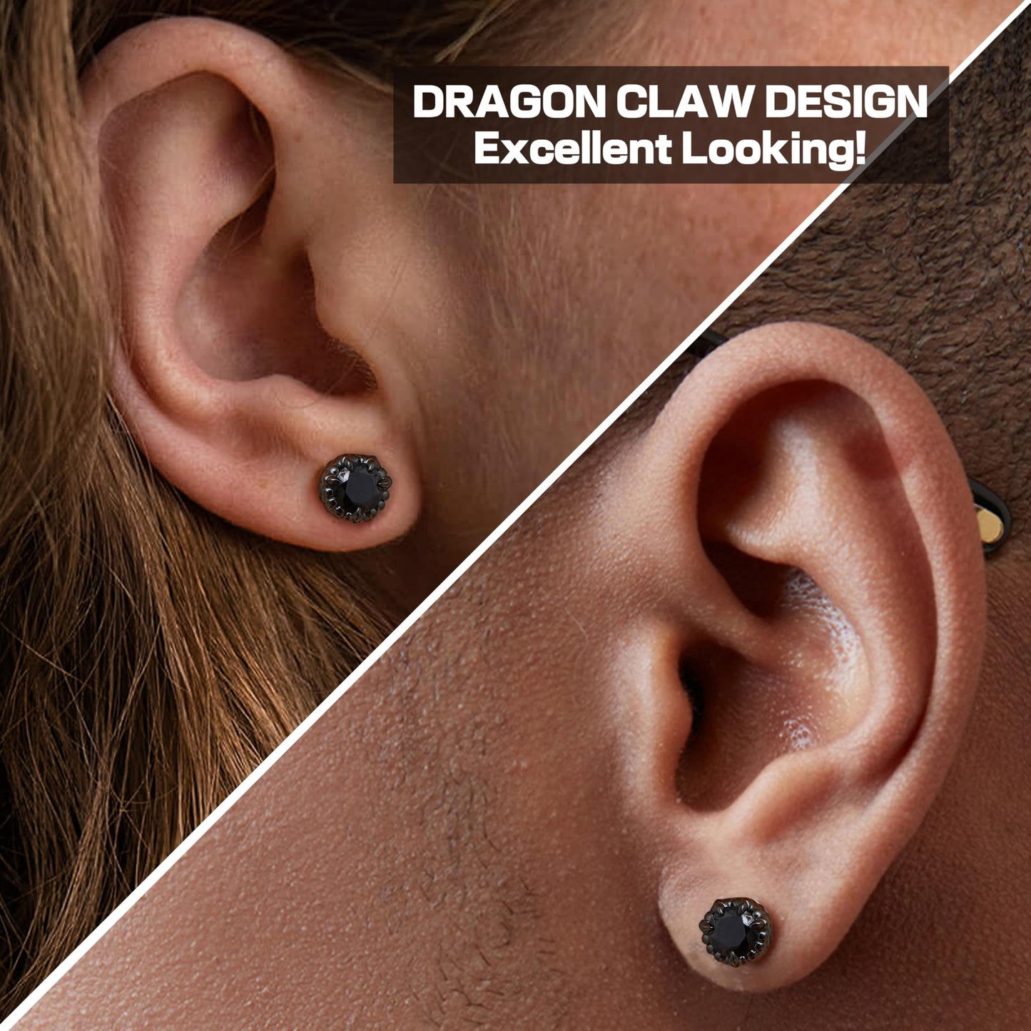 GEMQUEEN Magnetic Earrings for Men Women - 5A Shiny CZ Dragon Claw Punk Hypoallergenic Stainless Steel Non Piercing Clip on Fake Earrings Studs Black 6.5MM Not Easy to Fall