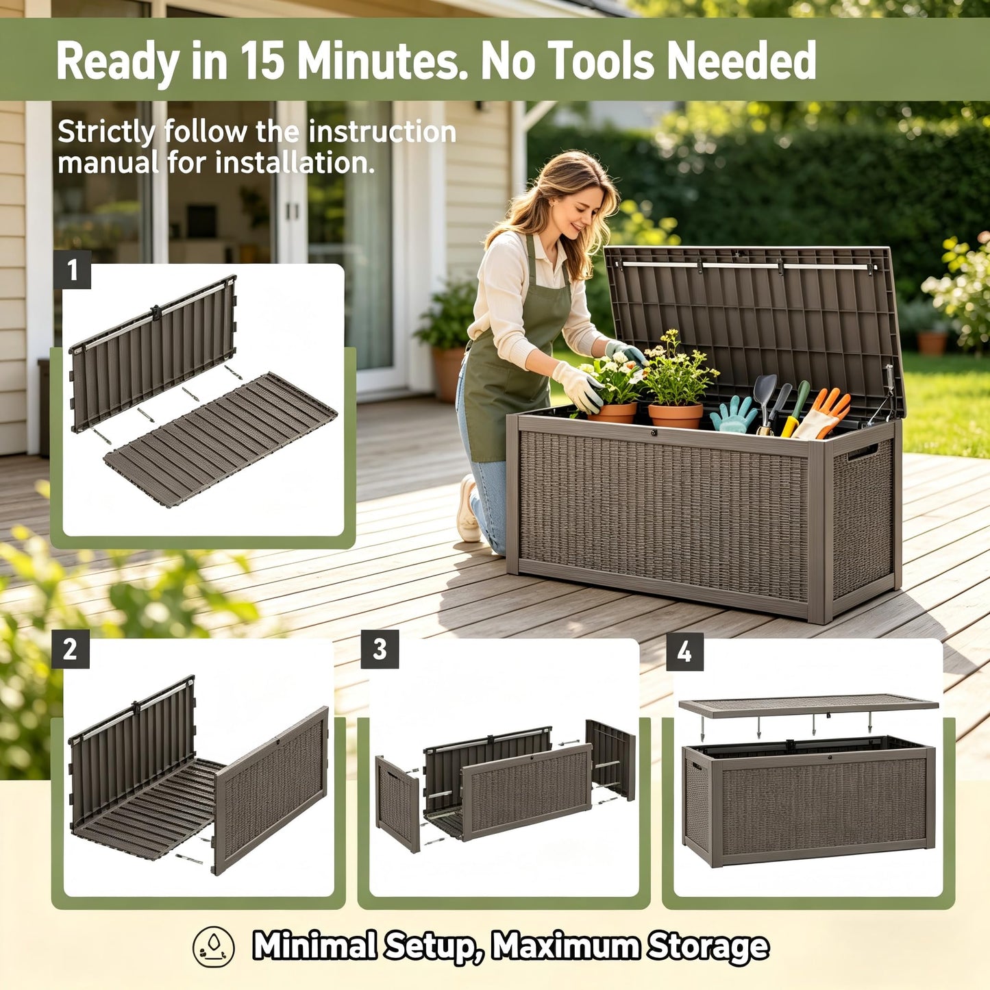 328 Gallon Waterproof Outdoor Storage Box, Heavy Duty Resin Deck Box Lockable, Large Outside Patio Storage Bench for Garden Tools & Pool Accessories, Hydraulic Lift, All-Season UV-Resistant, Brown