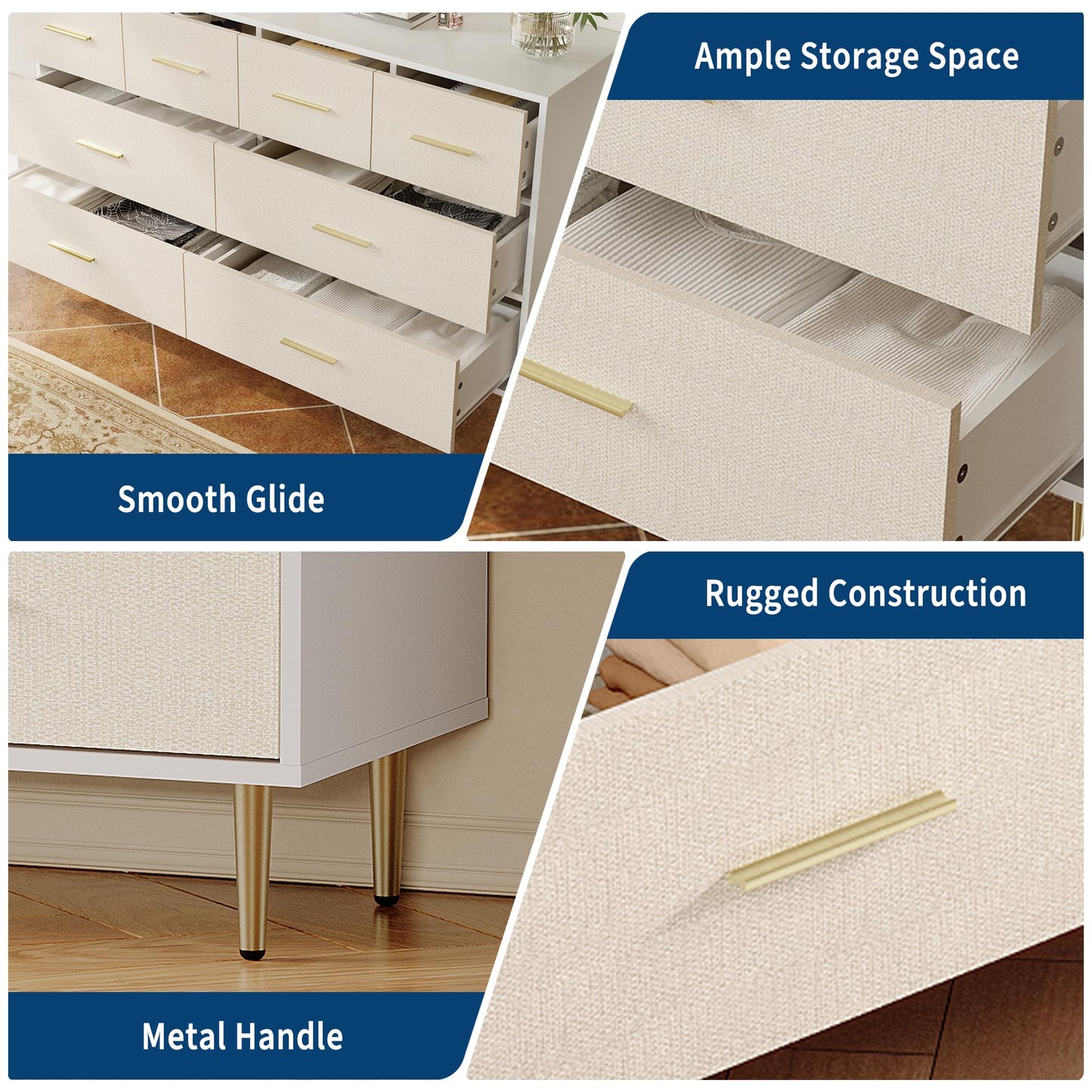 IDEALHOUSE 6 Drawer Dresser, Modern White Chest of Drawers with Gold Metal Legs and Handles, Large Wooden Dresser with Drawers, Storage Cabinet for Bedroom, Living Room, Entryway