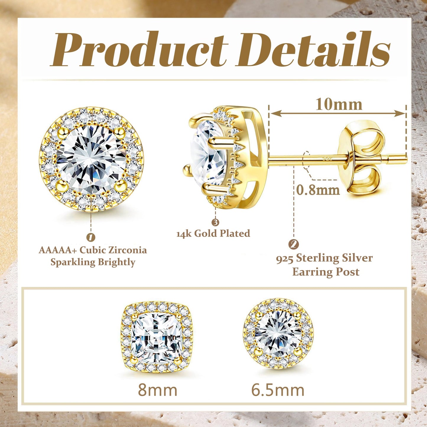 Hayoso Cubic Zirconia Stud Earrings for Women Men Sterling Silver Earring Post Hypoallergenic 14k Gold Plated Round&Square Earrings Gold1