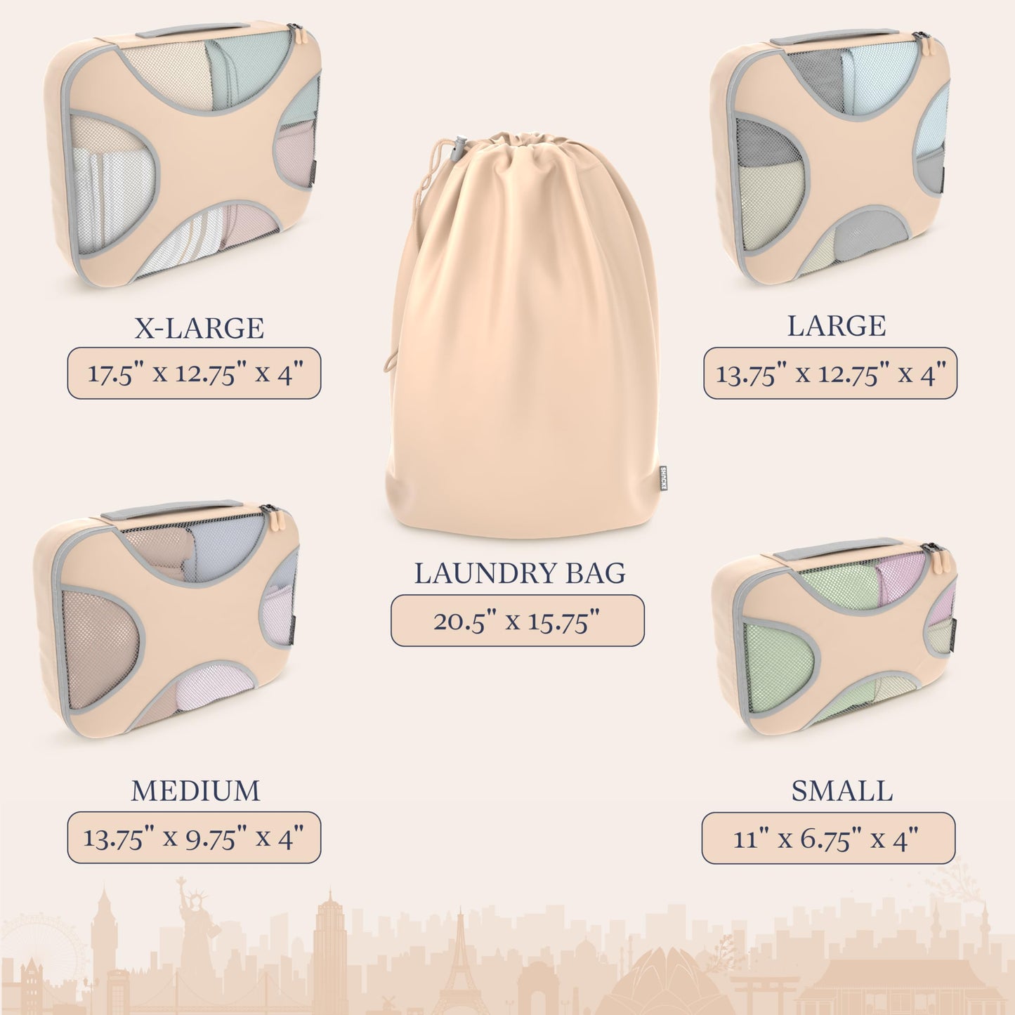 Shacke Packing Cubes for Travel 5 Set - Premium Luggage Organizer Bags - Versatile Travel Organizer for Women and Men - Optimized Packing Bags - Travel Essentials (Nude Beige)