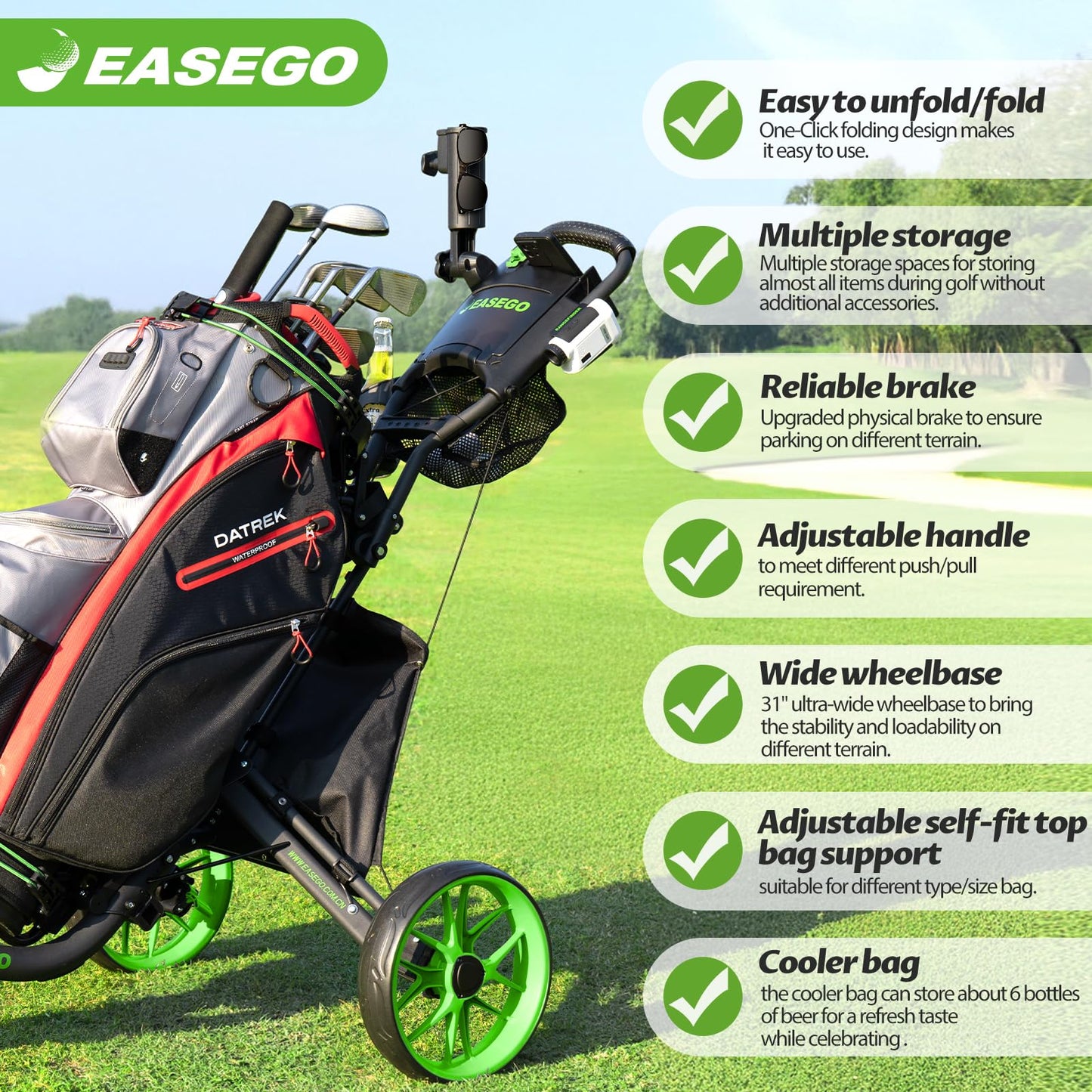 EASEGO Golf Push Cart 3 Wheel : Golf Bag Cart Foldable with Phone/Cup/Umbrella Holder Compact Golf Pull Carts Quick Fold Golf Caddy Push Carts with Large Wheelbase for Different Terrain (Lemon Green)