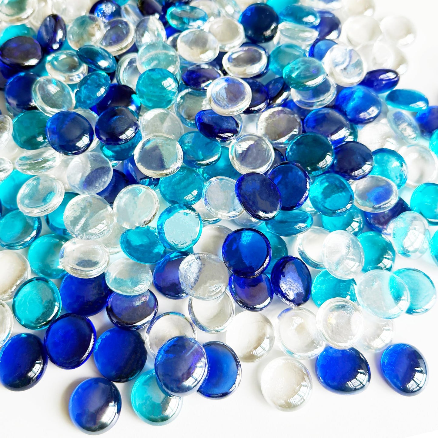 Aflyu About 5 LB Flat Glass Marbles for Vase Glass Gemstone Beads Vase Fillers Aquarium Pebbles Fish Tank Rocks Vase Fillers for Home Decoration (Clear&Blue&Aqua Blue)