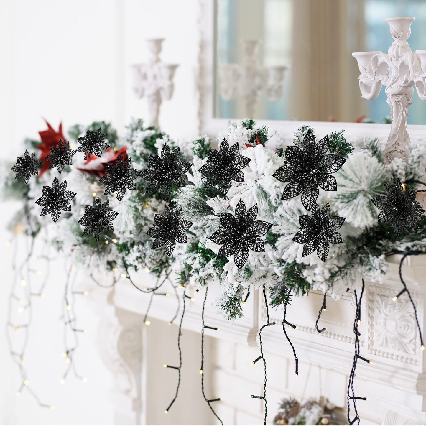 Boao Red,Silver 24 Pieces Poinsettia Flower Christmas Glitter Artificial Poinsettia with Clips Christmas Tree Ornament Decorations for DIY Xmas Wreath Holiday Home Party Decor, 3/4/6 Inches