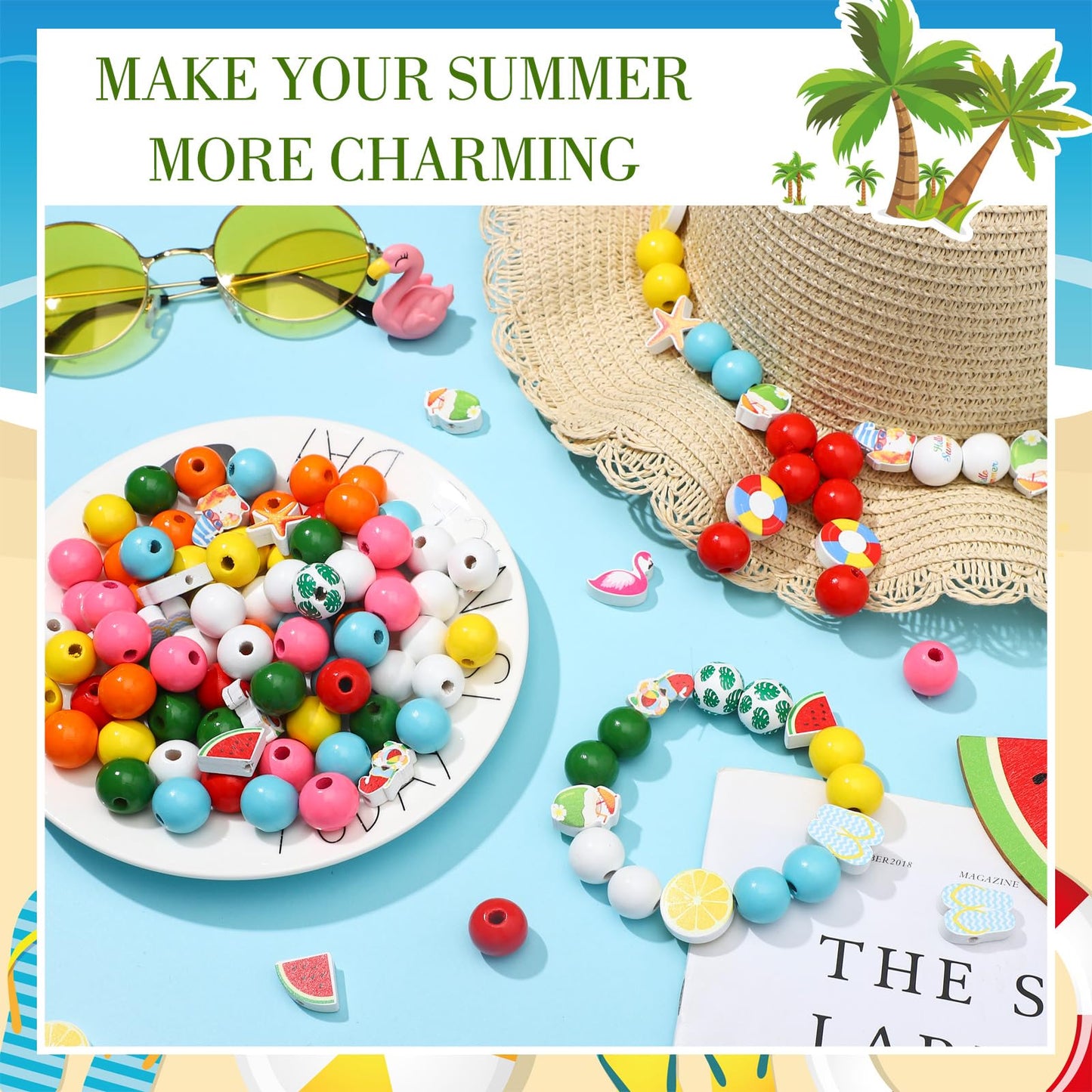 Ripeng 200 Pieces Summer Wood Beads Colored Wooden Beads Tropical Craft with Flamingo Palm Leaves Beach Hawaii Summer Bulk for DIY Garland Making