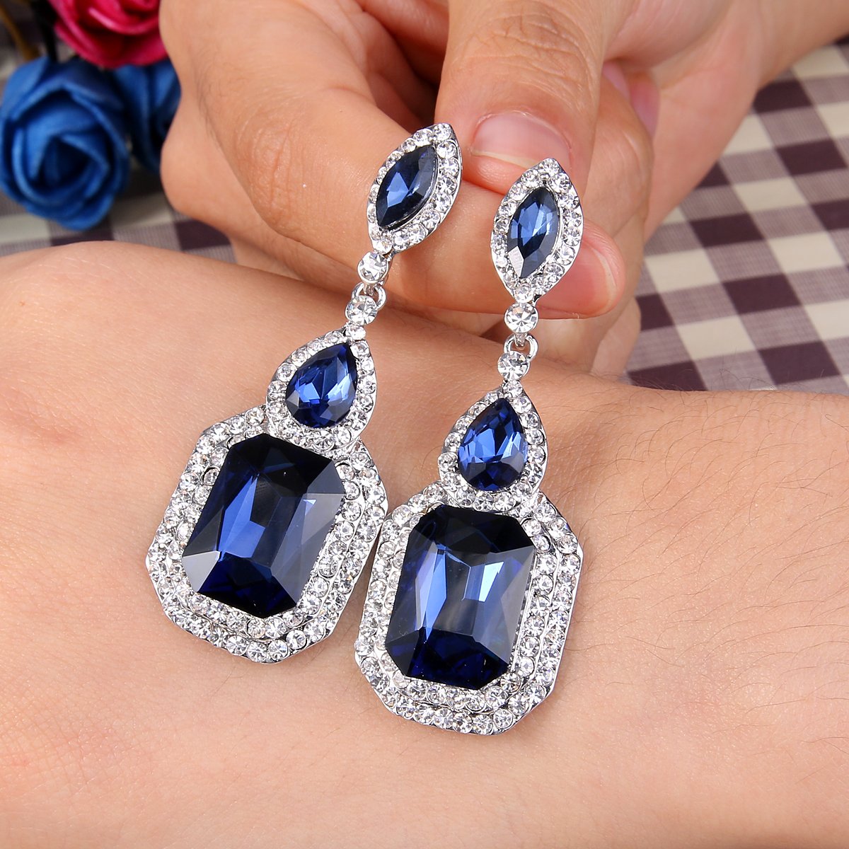 BriLove Wedding Bridal Dangle Earrings for Women Emerald Cut Crystal Infinity Figure 8 Chandelier Jewelry Navy Blue Sapphire Color Silver-Tone