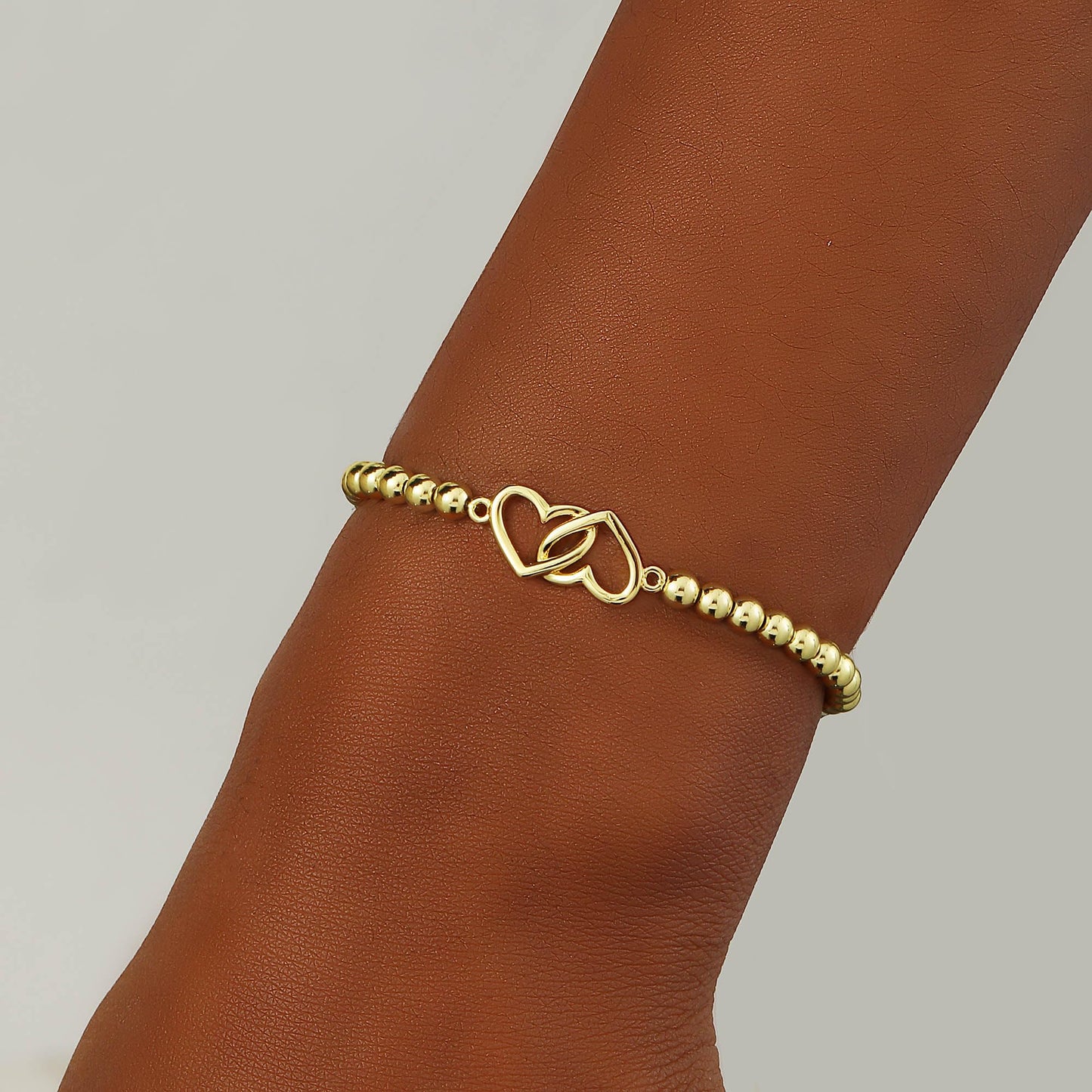 Beaded Bracelets for Women 14K Silver Gold Plated Stretch Handmade Ball Bracelets Cute Charm Bracelet Dainty Stackable Cross Heart Bow Wave CZ Circle Trendy Jewelry Easter Gifts (double-heart)