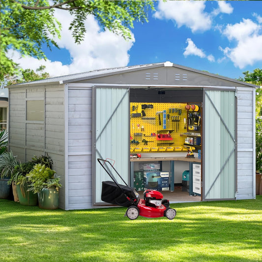AEMSOFK 10x8 FT Wood Storage Shed, Large Outdoor Storage Shed with Lockable Door, Window and Vents,Outside Waterproof Wooden Metal Tool Storage for Garden, Patio, Lawn, Backyard (Gray)