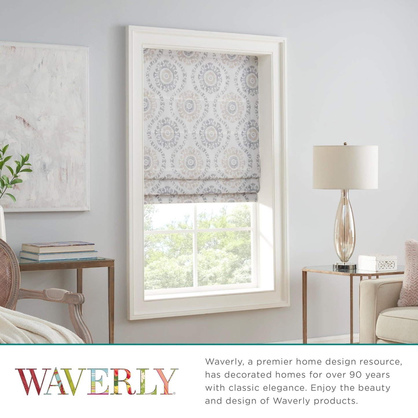 Waverly Adonis Medallion 100% Blackout Roman Shade, Cordless and Noise Reducing Window Shade for Privacy, Thermal Window Treatments for Energy Saving Benefits, 23 in Wide x 64 in Long, Natural