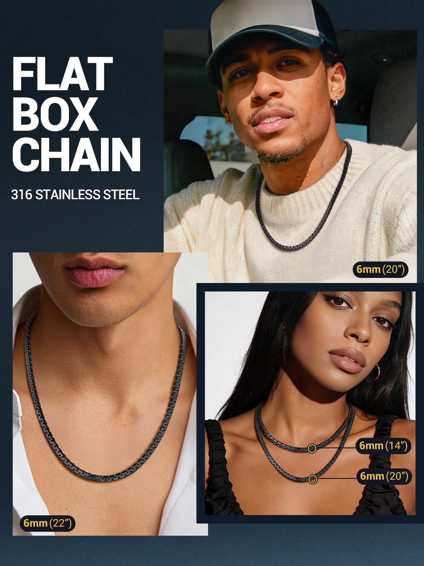 PROSTEEL Black Chain Necklaces for Men Mens Jewelry Flat Stainless Steel Link Chain Necklace