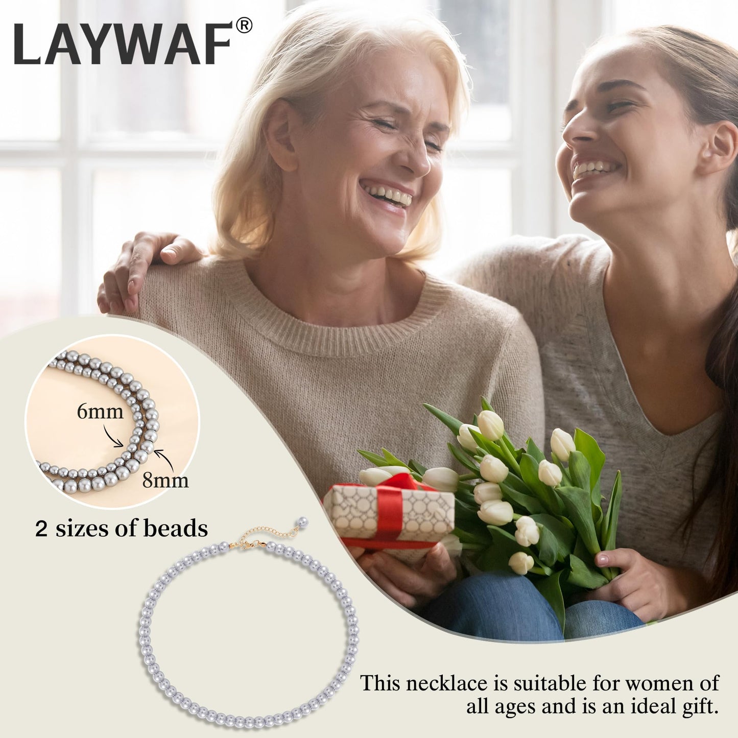 LAYWAF Navajo Imitation Pearl Necklace for Women Mom, Grey Fake Pearl Choker Necklace, 8MM Beaded Necklace, Simple Dainty Faux Pearls Jewelry, Costume Pearl Accessories
