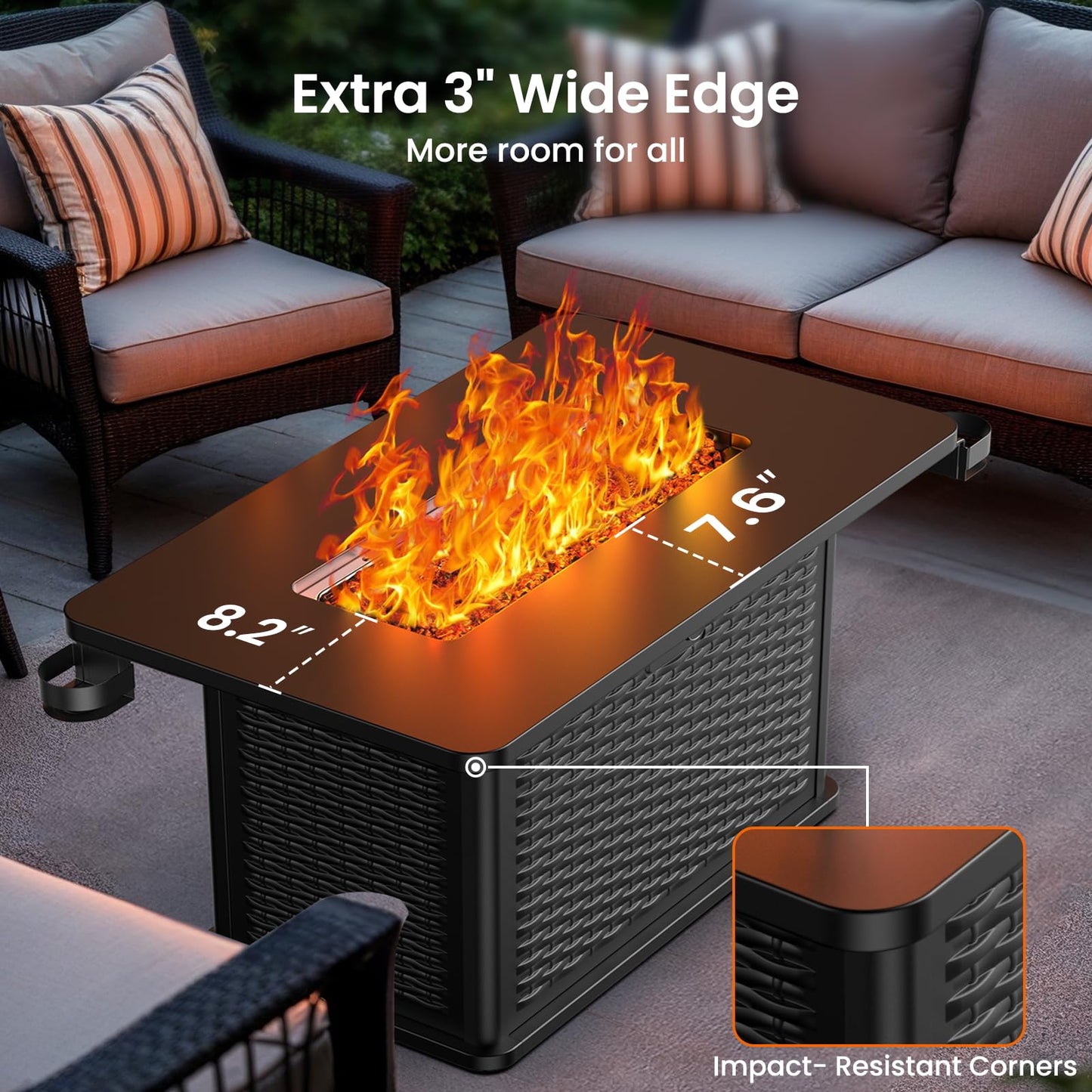 AMADA HOMEFURNISHING 43 Inch Propane Fire Pit Table, 60,000 BTU Gas Fire Pit with Lava Rocks, Waterproof Cover, Removable Lid, Cup Holders, 2-in-1 Fire Table for Patio, Backyard, Garden, Black