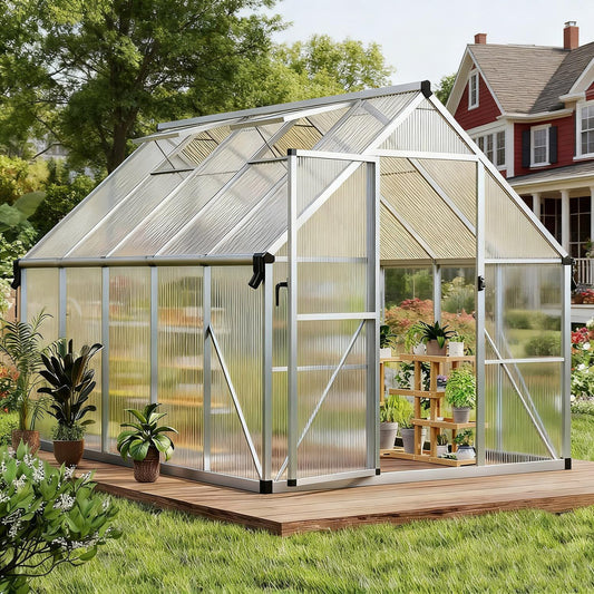8x10 FT Outdoor Greenhouse, Heavy-Duty Polycarbonate Greenhouses Kit with Adjustable Roof Vent, Reinforced Aluminum Frame Walk-in Green House for Winter & All Seasons Backyard Use