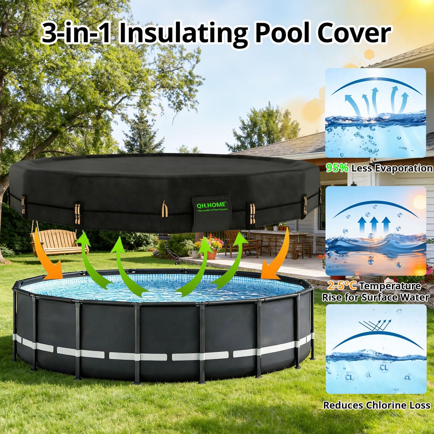 QH.HOME 550D 14 ft Pool Cover Round[Upgraded Tear Resistant & Quadruple Windproof] wth Pre-Installed Patented Winch and Rope, Pool Covers for Above Ground Pools-Snug Fit & Waterproof Protection