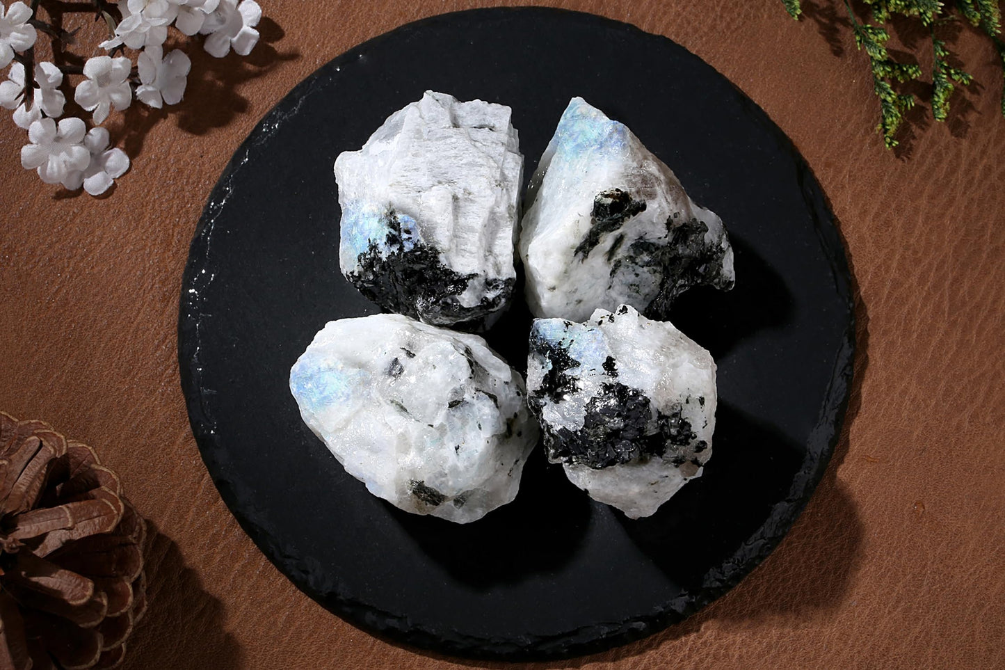 QINJIEJIE 1.8-2.2'' Rainbow Moonstone Raw Crystals 2PCS Natural Rough Healing Crystal Rocks Large Stones for Tumbling Cabbing Polishing Fountain Rocks Bulk DIY Decoration Gifts