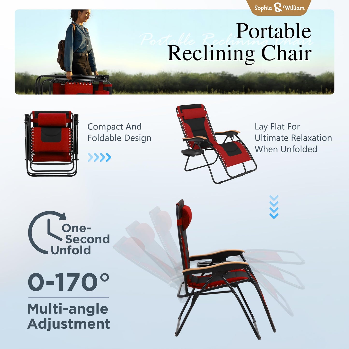 Sophia & William Oversized XXL Zero Gravity Chair Set of 2, Padded Adjustable Folding Reclining Lounge Chair Outdoor Gravity Chair with Wide Armrest and Cup Holder, Support 400 LBS, Red