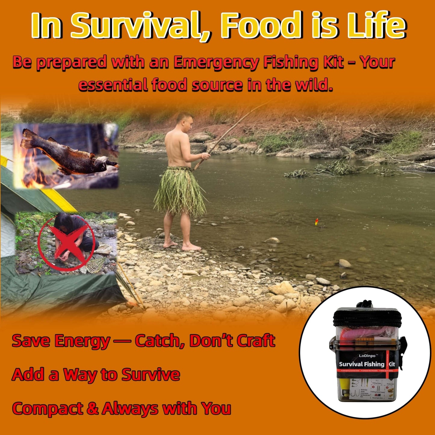 LoDinpo Mini Survival Fishing Kit, Compact Emergency Fishing Gear Box, Pocket Fishing Tackle Set for Travel & Outdoor Use Grey