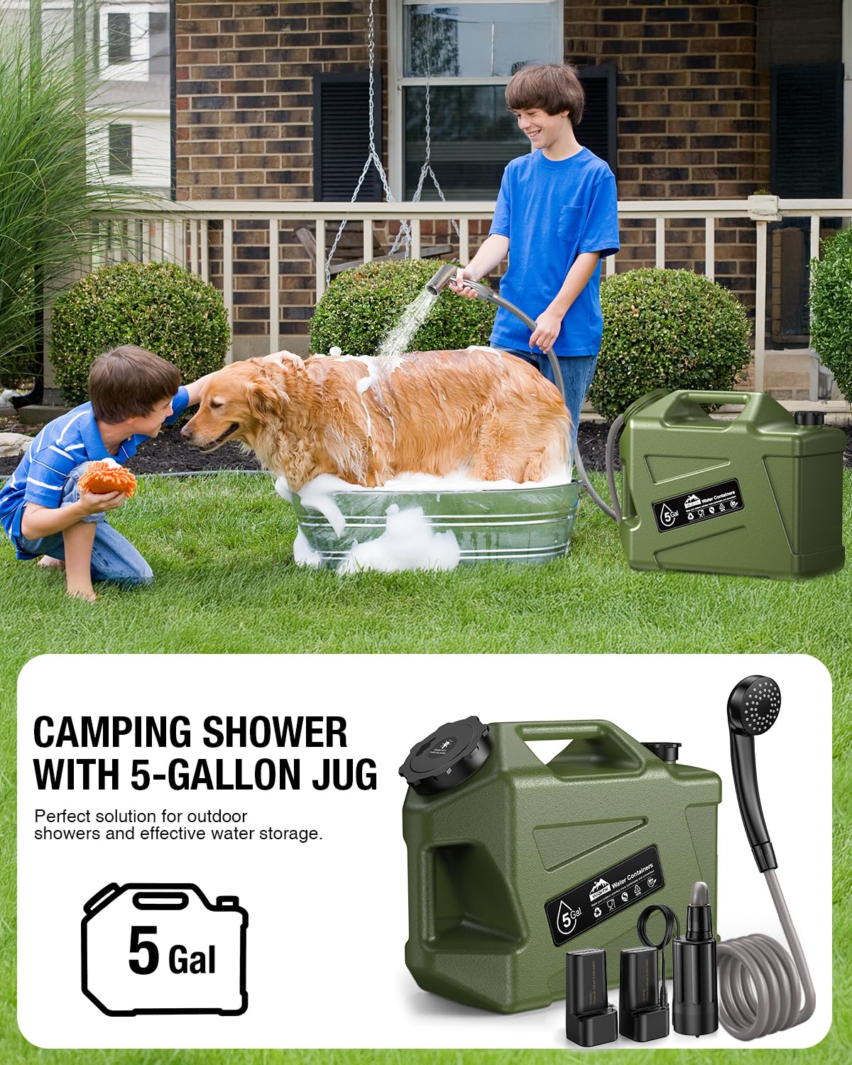 Widitn Portable Camping Shower with Water Jug, Electric Rechargeable Camping Shower, 5-Gallon Food Grade Water Containers, Outdoor Camp Pump for Hiking Beach, Travel, Pet Bath