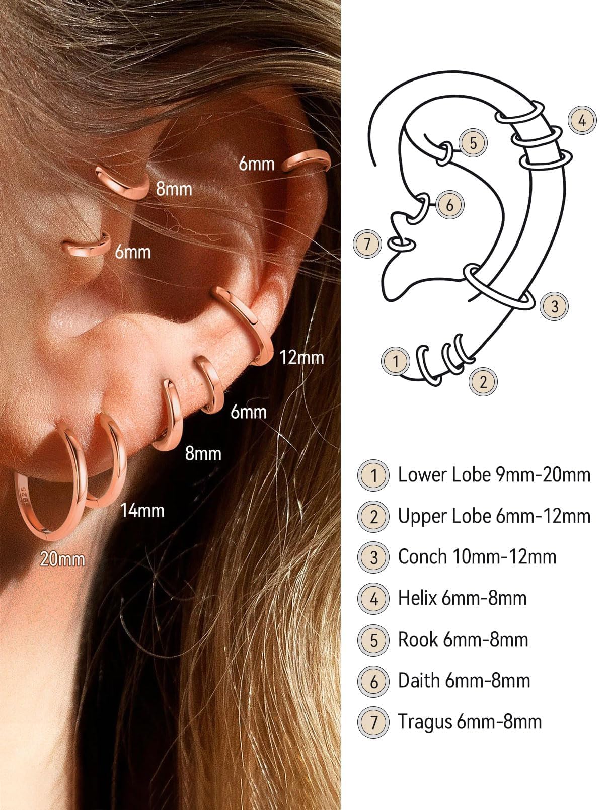 FaithHeart 925 Sterling Silver Huggie Hoop Earrings, Small Silver Hoop Earring for Women, Rose Gold Hypoallergenic Cartilage Earrings for Women 6mm