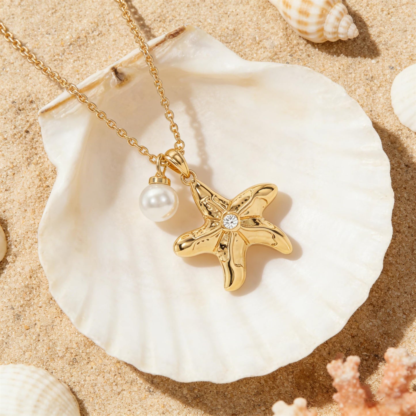 MEVECCO Dainty Gold Starfish Pearl Pendent Necklace for Women 18K Gold Plated Beach Cute Starfish Necklace Pearl Boho Handmade Ocean jewelry