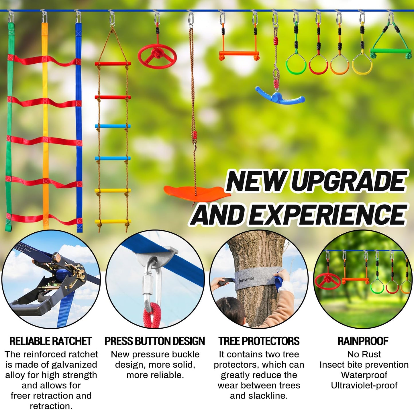 Ninja Warrior Obstacle Course for Kids, 2 x 52ft Slackline with Rotating Swing, Climbing Ladder, Gymnastic Rings, Training Equipment Set for Backyard (2x52ft)