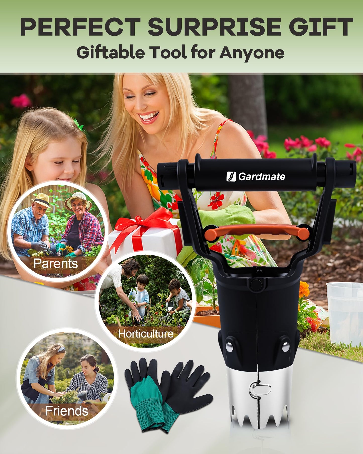 gardmate Bulb Planter Tool - One-Touch Automatic Bulb Planter for Bulbs, Seeds & Seedlings - Stainless Steel Garden Bulbs Dibber with Ergonomic Handle - No Bend Planting Tool with Gloves & Brush