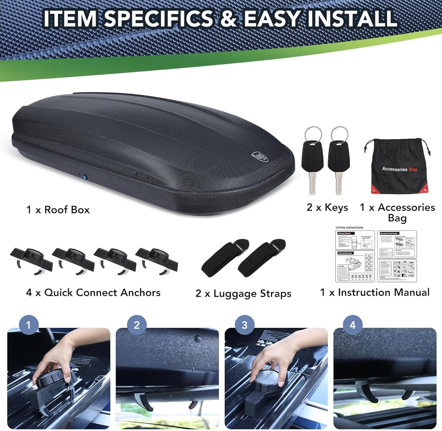 Rooftop Cargo Box Carrier Dual-Side Opening,12 Cubic Hard Shell Rooftop Cargo Carrier for Car Storage,165Lbs Weight Capacity with Secure Straps&Keys