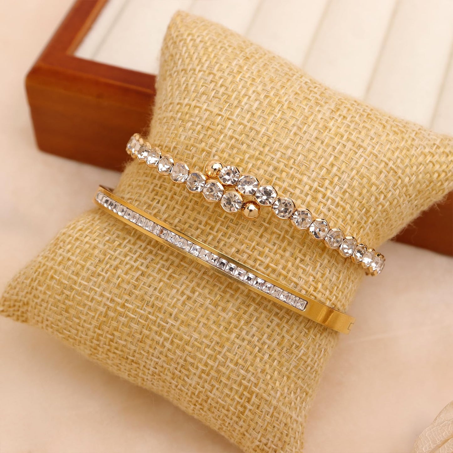 Agriajun Dainty Cubic Zirconia Gold Bangles Bracelets Set for Women, 2PCS Trendy Minimalist Statement Ruby Classic Tennis Bracelet Everyday Wedding Fashion Jewelry Christmas Gift.