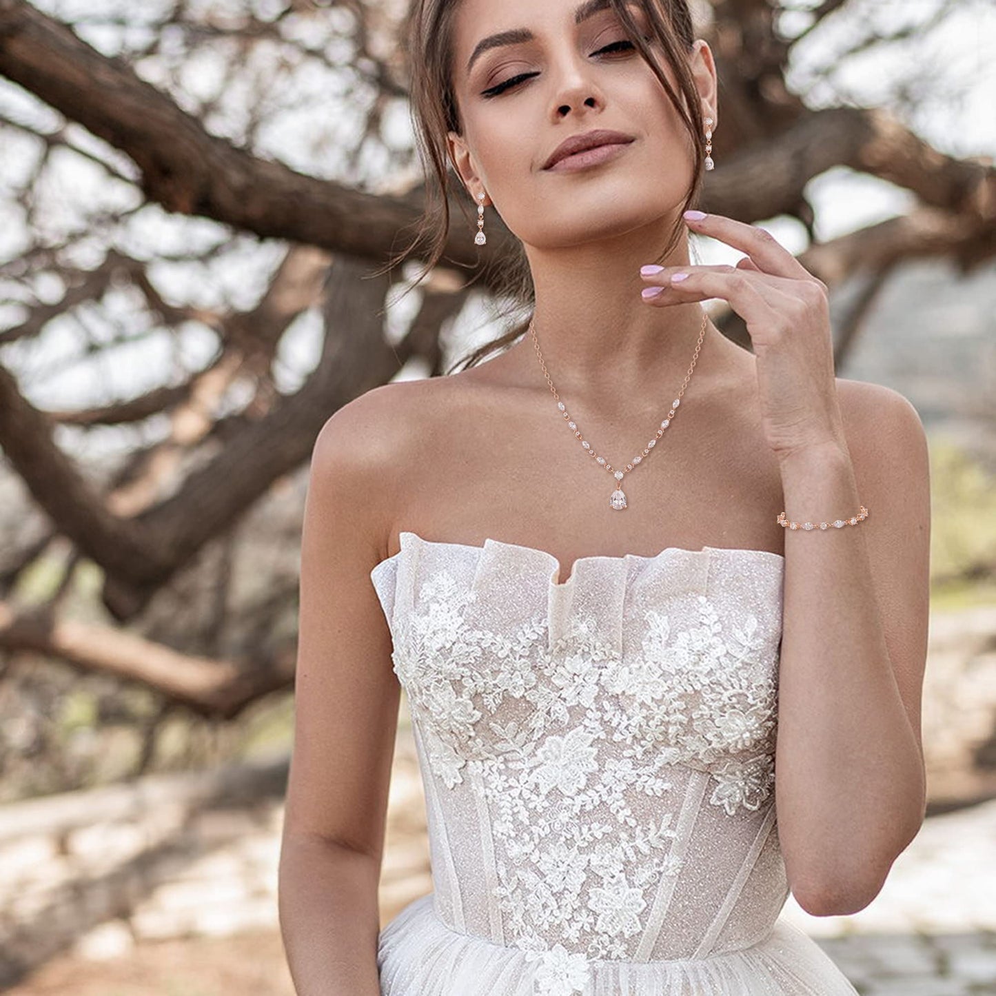 EVER FAITH Bridal Jewelry Sets for Bride Bridesmaid, Sparkly Cubic Zirconia Teardrop Pendant Necklace Dangle Earrings Bracelet Set for Women Clear Rose Gold-Plated-Brass