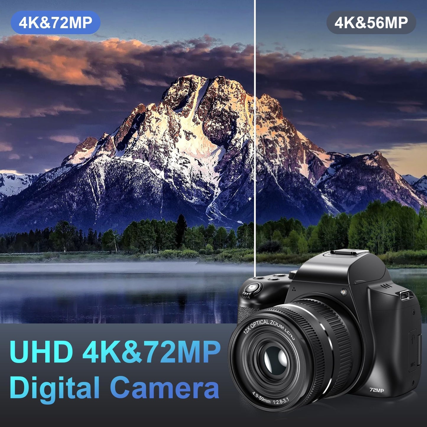 Cameras for Photography, 12X Optical Zoom 4K Digital Camera with WiFi & App Control, 72MP Vlogging Camera with 180° Flip Screen, Auto Focus, Dual Batteries, 59mm Wide Angle & Macro Lens, 32GB SD Card