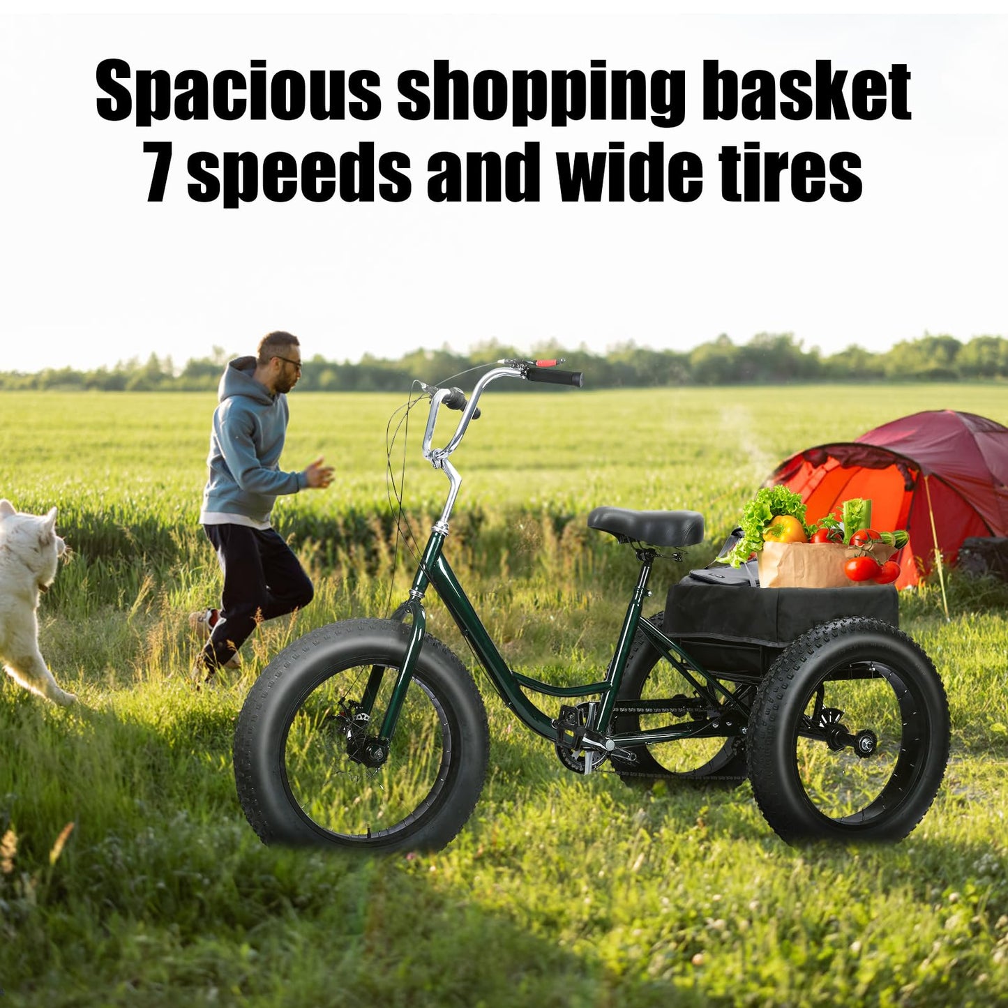 LEAQU 3 Wheel Bikes for Adults, 20 Inch Adult Tricycle, Three Wheel Bikes for Adults, 7 Speed Tricycle with Double Disc Brake, Fat Tire Bike with Spacious Shopping Basket, Black