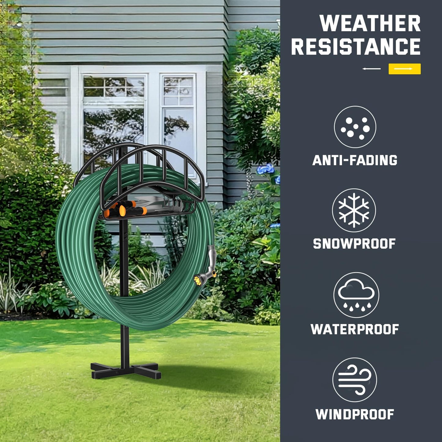 Kesfitt Garden Hose Holder Stand with Tool Storage Basket & 4 Spikes, Detachable Heavy Duty Metal Freestanding Outdoor Organizer for Lawn Yard Water Storage Rack